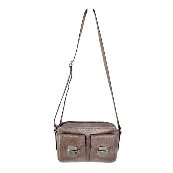 Fossil Riley Metallic Crossbody Bag Silver Foil Leather Camera Style Chic - Picture 6 of 12